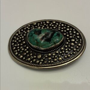 Turquoise Stone Silver-Tone Oval Belt Buckle